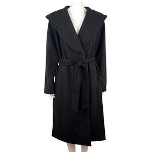 NWT Carole Wren Black Hooded Shawl Collar Belted Wrap Midi Coat CHOOSE SIZE